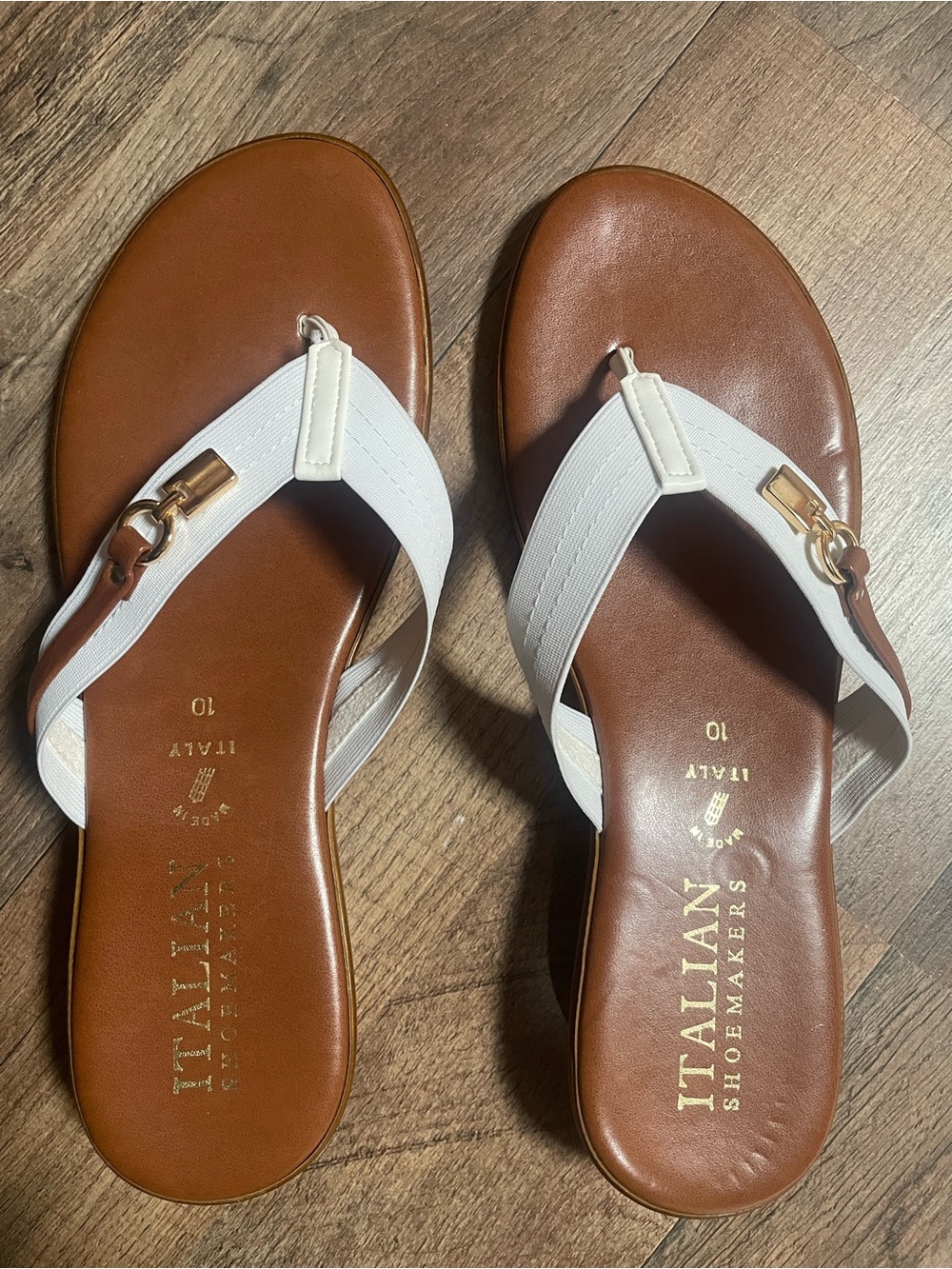 Italian Shoemakers White & Brown Leather Thong Sandals with Gold Accent
